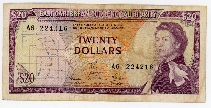 East Caribbean States 20 Dollars 1965 (ND)
P# 15e, N# 219645; # A6 224216; F