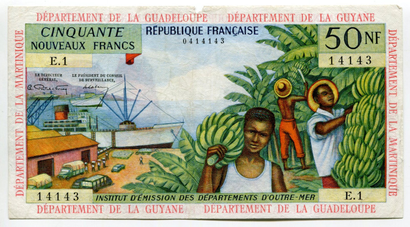 French Antilles 50 Noveaux Francs 1963 (ND)
P# 6a, # E.1 14143; Tear; VF