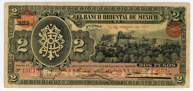 Mexico Banco Oriental 2 Pesos 1914
P# S389a, N# 213703; # 156397; VF-