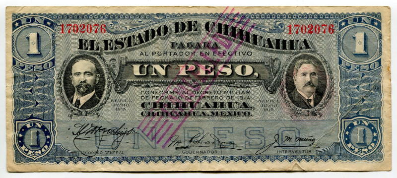 Mexico El Estado de Chihuahua 1 Peso 1915 Canceled
P# S530b, N# 201894; # JJ ON...