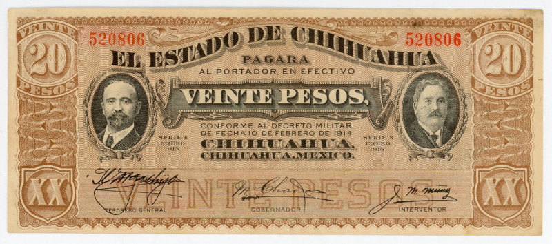 Mexico Estado de Chihuahua 20 Pesos 1915
P# S537a, N# 215948; # K 520806; XF