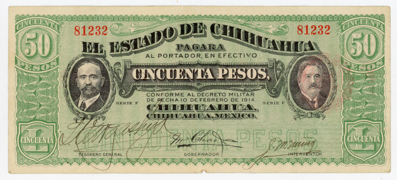 Mexico Estado de Chihuahua 50 Pesos 1914
P# S538c, N# 302538; # F 81232; VF-