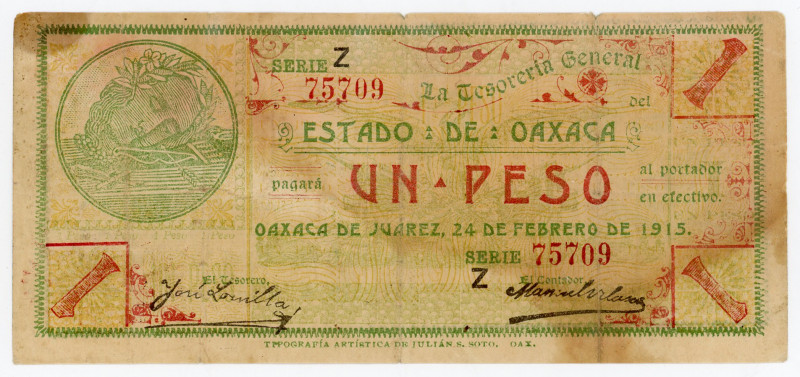 Mexico Estado de Oaxaca 1 Peso 1915
P# S953a, N# 213586; # Z75709; Watermark Az...