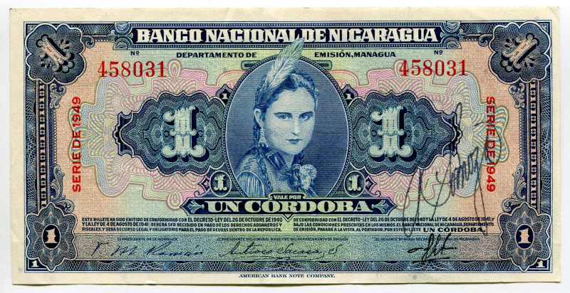 Nicaragua 1 Cordoba 1949
P# 91a, # 458031; XF+