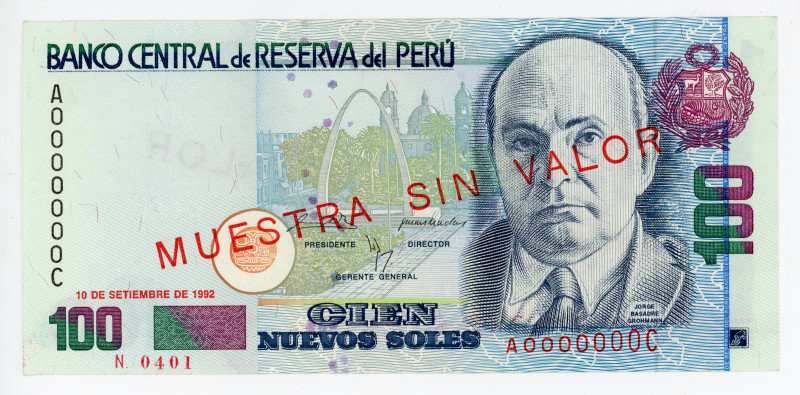 Peru 100 Nuevos Soles 1992 Specimen
P# 155s, N# 205615; #A0000000C; UNC