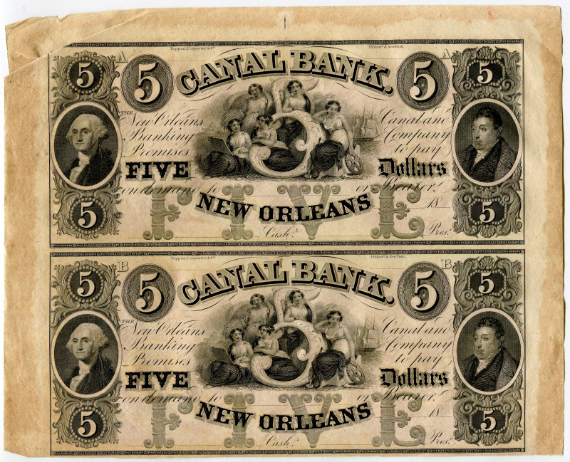 United States Canal Bank 2 x 5 Dollars 1831 - 1895 (ND) Uncut Sheet
N# 206870; ...