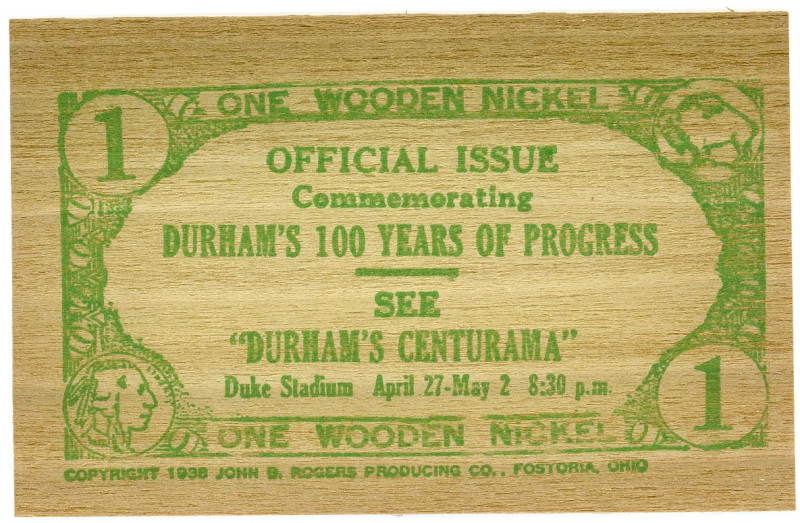 United States North Carolina, Durham 1 "Wooden" Nickel 1953 Souvenir
Durham - C...