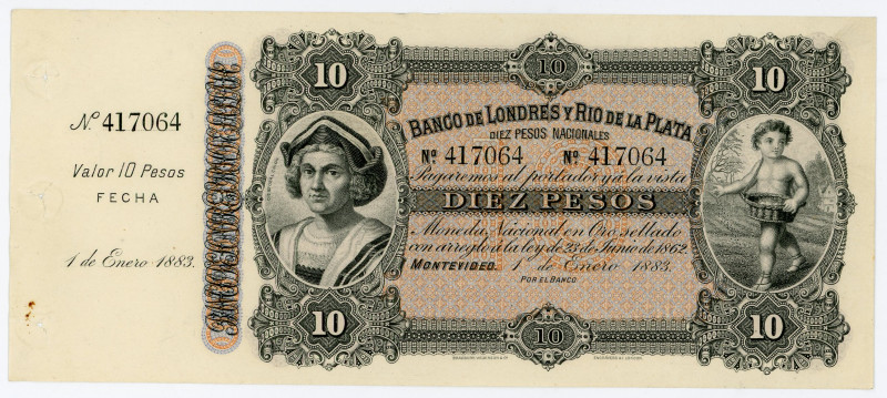 Uruguay Banco de Londres y Rio de la Plata 10 Pesos 1883 Remainder
P# 242r, # 4...