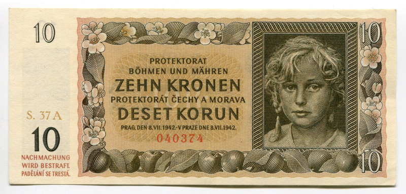 Bohemia & Moravia 10 Kronen 1942
P# 8a, N# 207305; # 37A 040374; AUNC/UNC