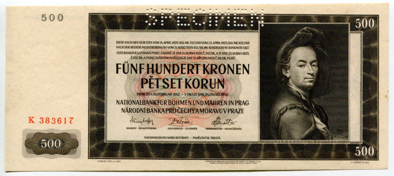 Bohemia & Moravia 500 Korun 1942 Specimen
P# 11s, N# 201690; # K 383617; AUNC