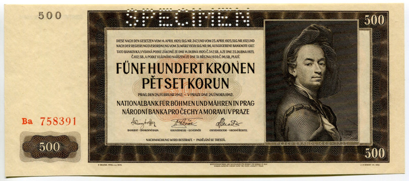 Bohemia & Moravia 500 Korun 1942 Specimen
P# 12s, N# 201690; # Ba 758391; UNC