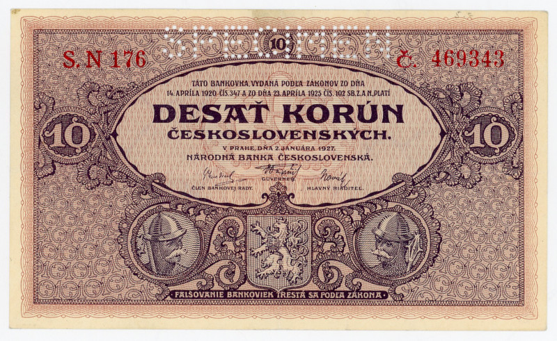 Czechoslovakia 10 Korun 1927 Specimen
P# 20s, N# 207299; # N176 469343; Perfora...