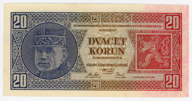 Czechoslovakia 20 Korun 1926 Specimen
P# 21s, N# 222207; # Ge 443679; Perforate...