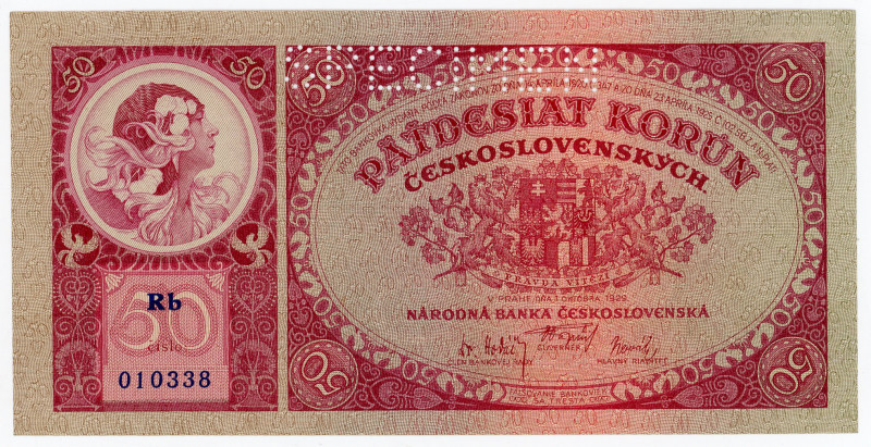 Czechoslovakia 50 Korun 1931 Specimen
P# 22s, N# 285771; # Rb 010338; Perforate...