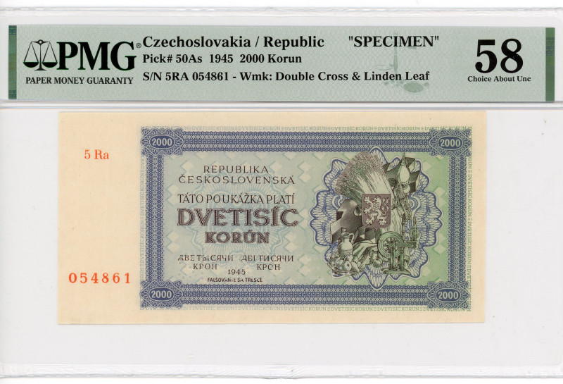 Czechoslovakia 2000 Korun 1945 Specimen PMG 58
P# 50As, N# 285792; # 5Ra 054861...