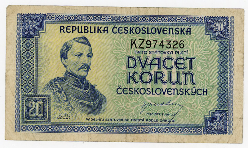 Czechoslovakia 20 Korun 1945 (ND)
P# 61a, N# 207319; # KZ974326; VF