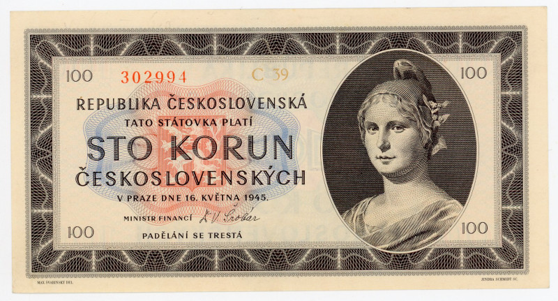 Czechoslovakia 100 Korun 1945
P# 67a, N# 207320; # C 39 302994; AUNC