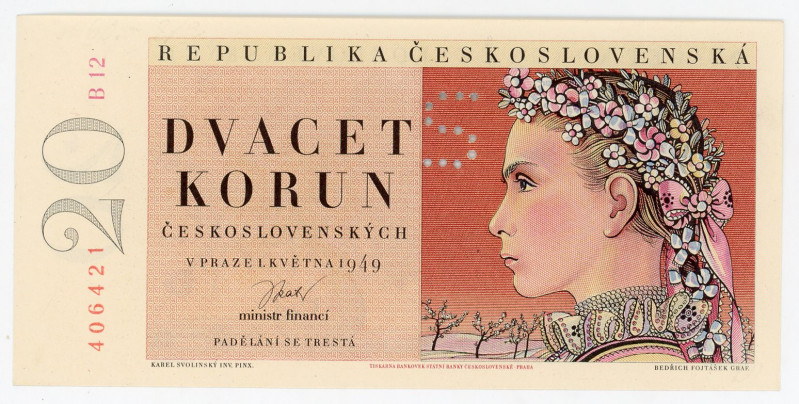 Czechoslovakia 20 Korun 1949 Specimen
P# 70bs, N# 224952; # B12 406421; Perfora...