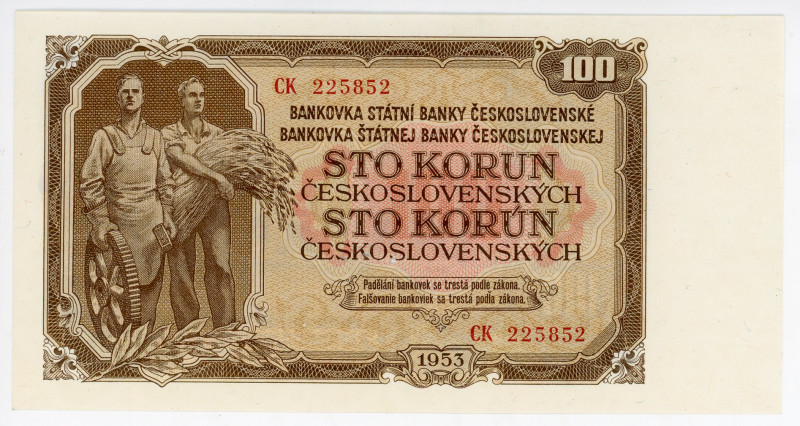 Czechoslovakia 100 Korun 1953 Specimen
P# 86s, N# 213079; # CK 225852; Perforat...