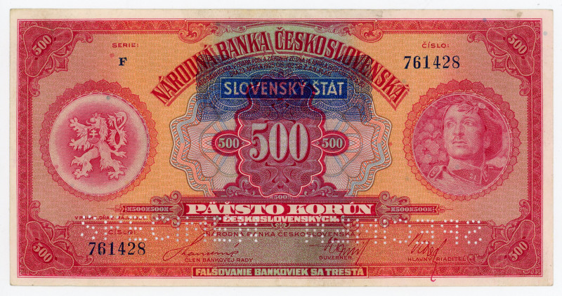 Slovakia 500 Korun 1929 (1939) (ND) Specimen
P# 2s, N# 285400; # F 761428; Perf...