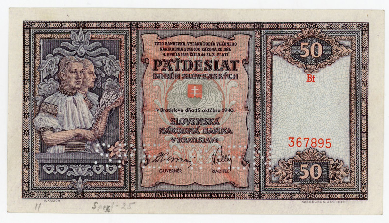 Slovakia 50 Korun 1940 Specimen
P# 9s, N# 213101; # Bt 367895; Perforated Speci...