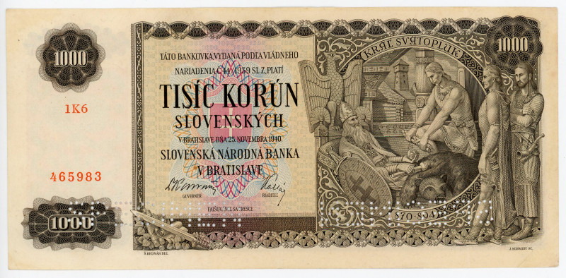 Slovakia 1000 Korun 1940 Specimen
P# 13s, N# 246409; # 1K6 465983; Perforated S...