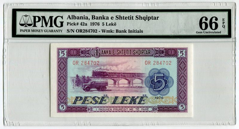 Albania 5 Leke 1976 PMG 66EPQ
P# 42a, N# 207801; # OR284702