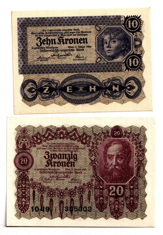 Austria 10-20 Kronen 1922
P# 75-76, # 1047-324359, 1049-305002; UNC