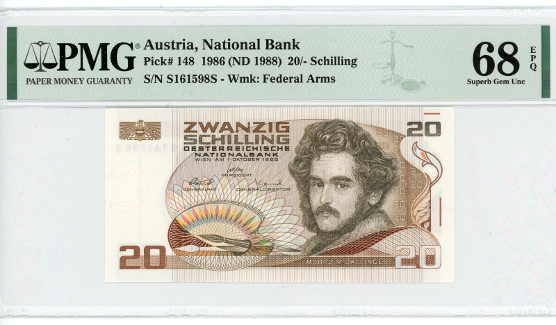 Austria 20 Schilling 1986 (1988) PMG 68
P# 148, N# 202270; # S161598S; UNC