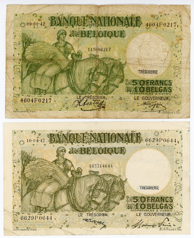 Belgium 2 x 50 Francs / 10 Belgas 1942 - 1947
P# 106, N# 208155; # 6629P0644, #...