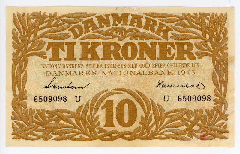 Denmark 10 Kroner 1943
P# 31o, N# 207044; # U 6509098; AUNC