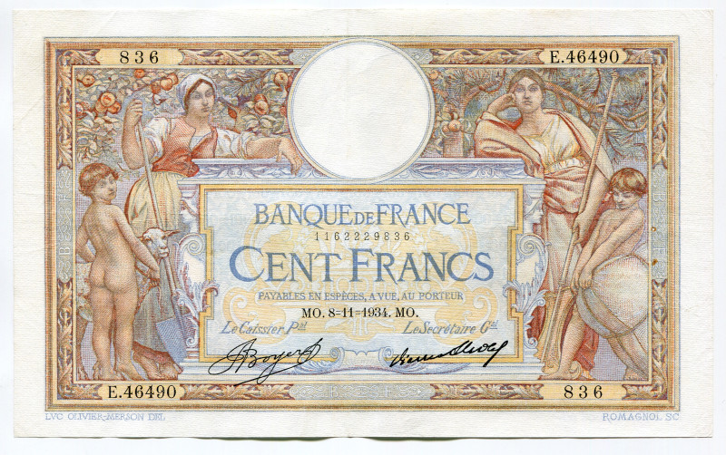 France 100 Francs 1934
P# 78c, N# 206027; # E.46490 836; Luc Olivier Merson; XF