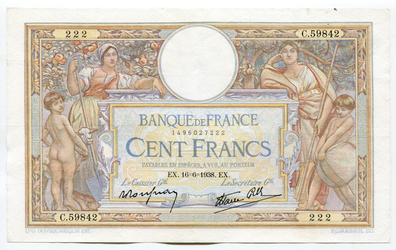 France 100 Francs 1938
P# 86b, N# 206023; # C.59842 222; Luc Olivier Merson; VF...