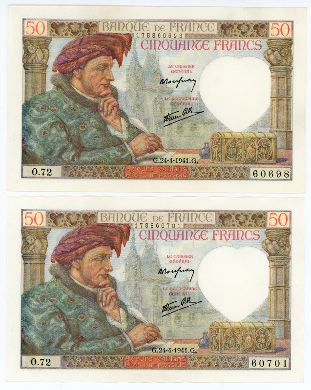 France 2 x 50 Francs 1941
P# 93, N# 206397; # 0.72 60698 - 60701; XF