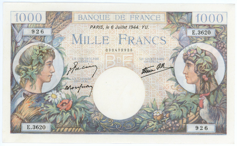 France 1000 Francs 1944
P# 96c, Fay# 39/10, N# 205783; # E.3620 926; Commerce e...