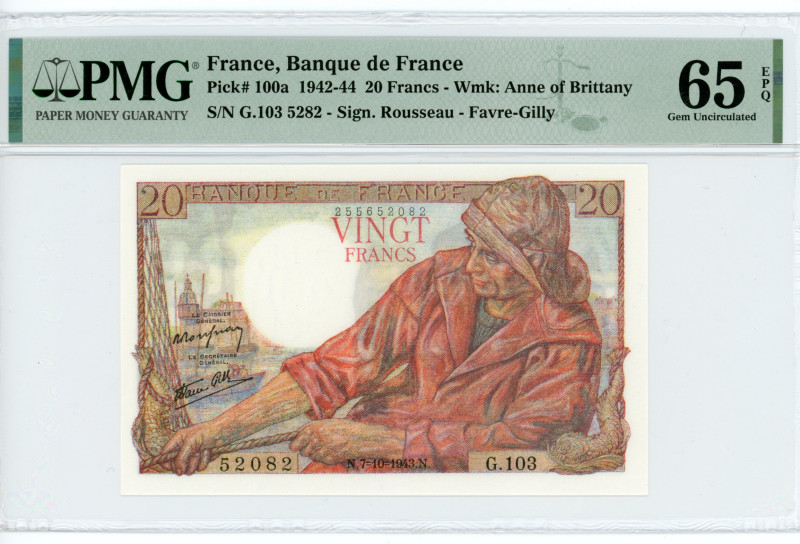 France 20 Francs 1943 PMG 65 EPQ
P# 100a, N# 206539; # G.103 52082