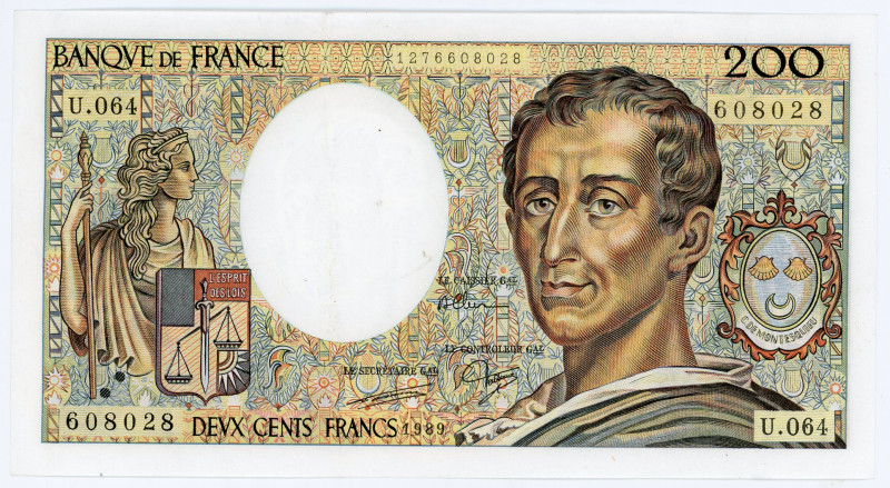 France 200 Francs 1989
P# 155c, Fay# 70/09, N# 203339; # U.064 608028; Montesqu...