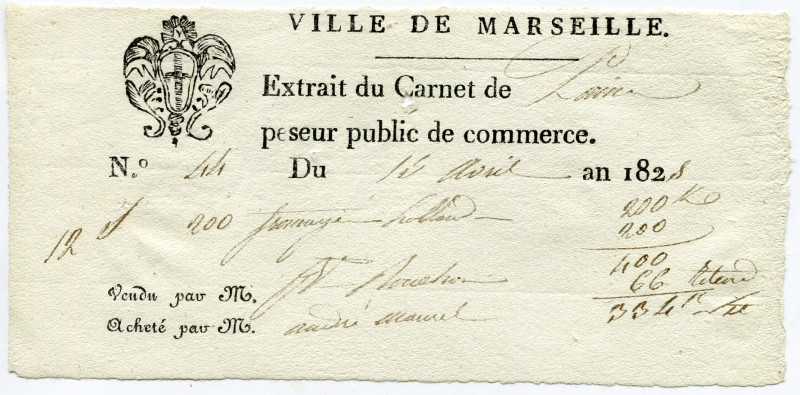 France Marseille Extract from the Public Commercial Weighing Book 1828
# 44, Vi...