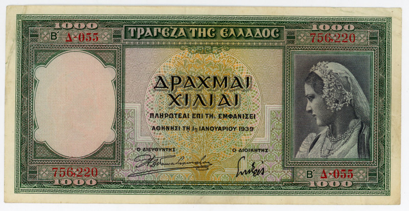 Greece 1000 Drachmai 1939
P# 110a, N# 212108; # Δ-055 756,220; XF