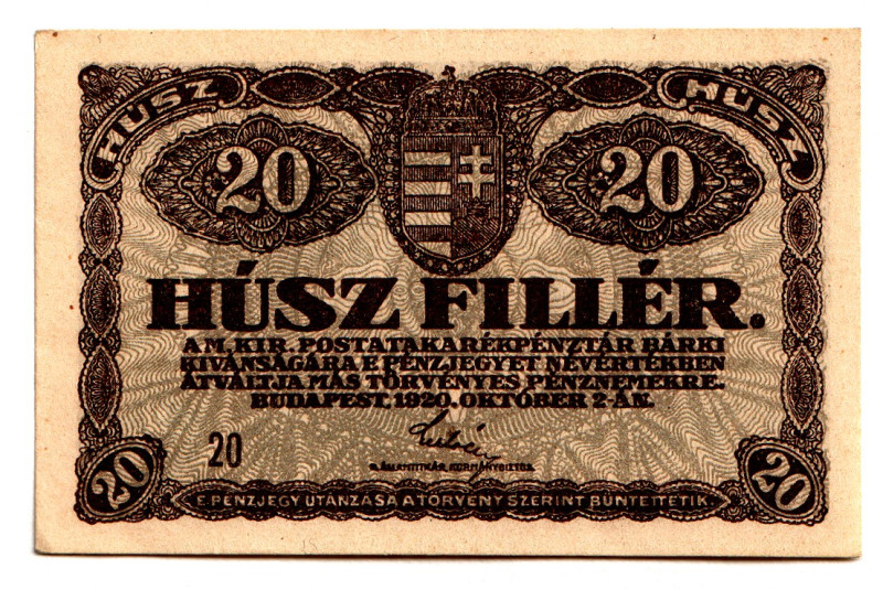 Hungary 20 Filler 1920
P# 43, N# 216643; UNC-