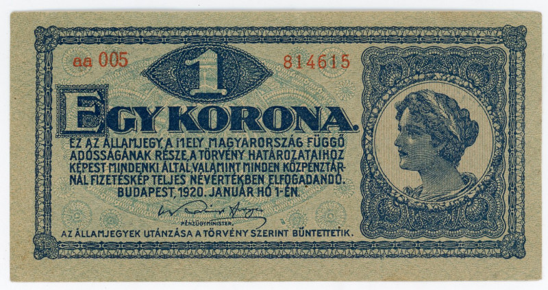 Hungary 1 Korona 1920
P# 57, N# 207198; # aa 005 814615; AUNC