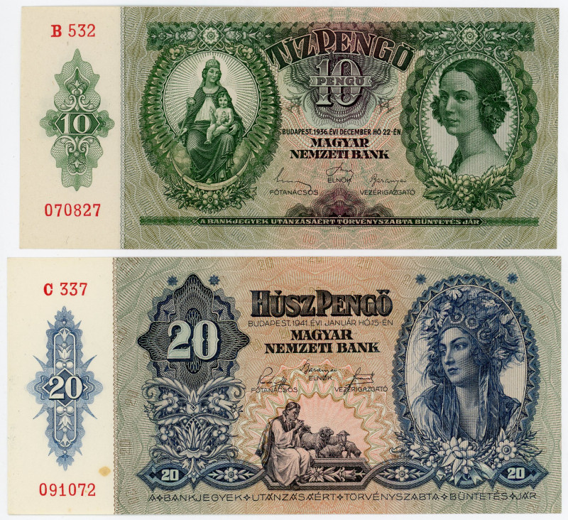 Hungary 10 - 20 Pengo 1936 - 1941
P# 100, 109, # B 532 070827, C 337 091072; AU...