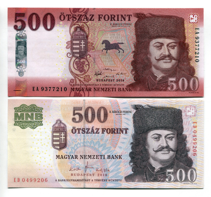 Hungary 2 x 500 Forint 2010 - 2018
P# 196c, 202, N# 204829, N# 201619; UNC