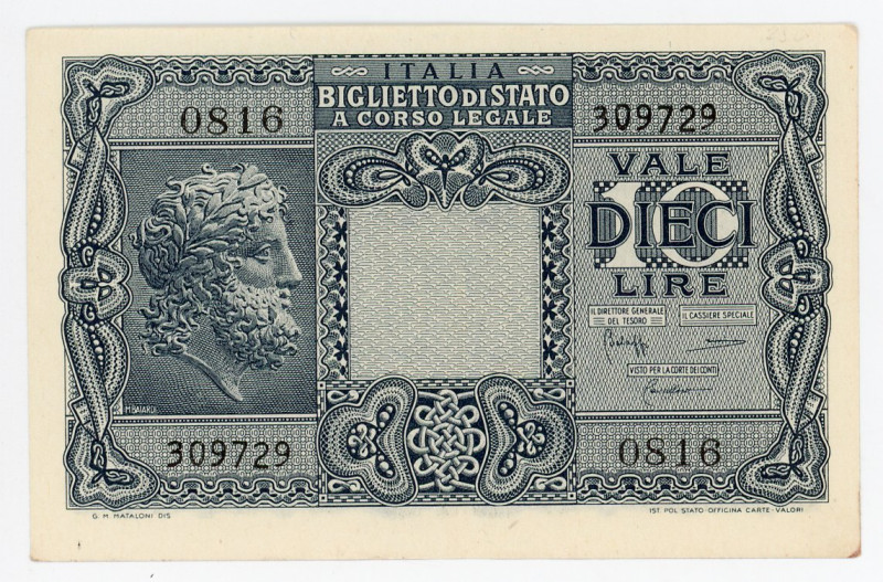 Italy 10 Lire 1944
P# 32c, N# 204556; # 0816 309729; AUNC