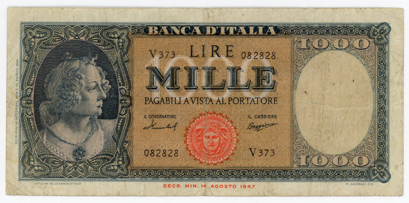 Italy 1000 Lire 1947
P# 82, N# 208564; # V373 082828; VF