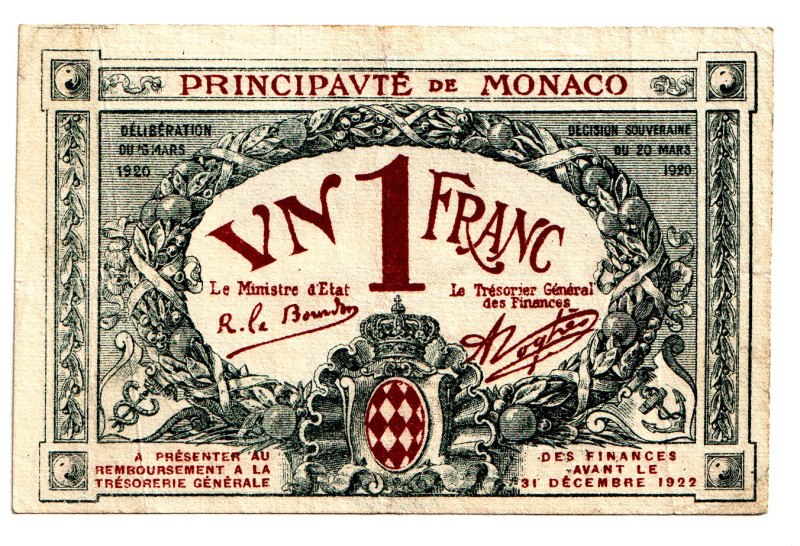 Monaco 1 Franc 1920
P# 5, # 81313; Rare; VF