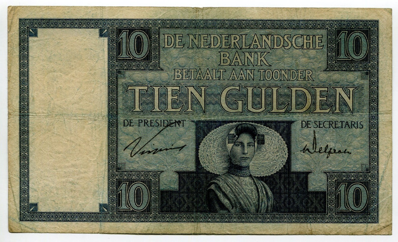 Netherlands 10 Gulden 1929
P# 43b, N# 208550; # QB 065004; F