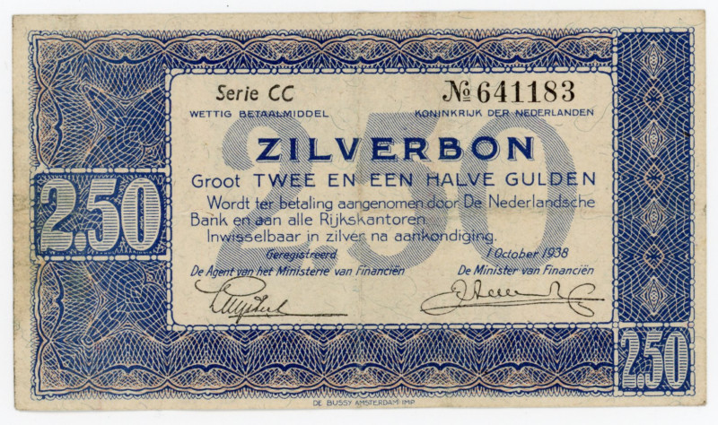 Netherlands 2-1/2 Gulden 1938 Silver Voucher
P# 62, N# 205980; # CC 641183; VF-...