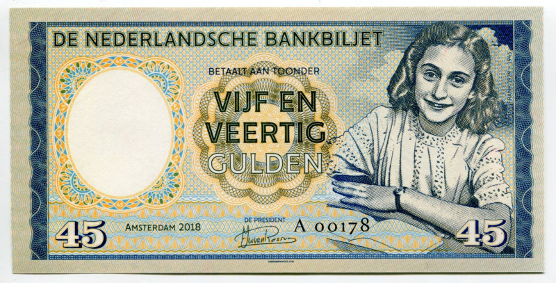 Netherlands 45 Gulden 2018 Specimen "Anne Frank"
# A 00178; Fantasy Banknote; L...