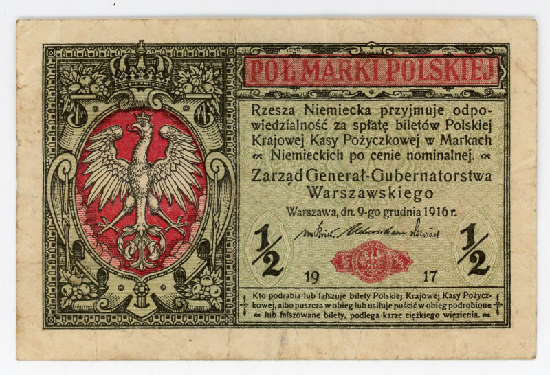 Poland 1/2 Marki 1917 German Occupation - WW I
P# 7, N# 223436; # B6031683; VF